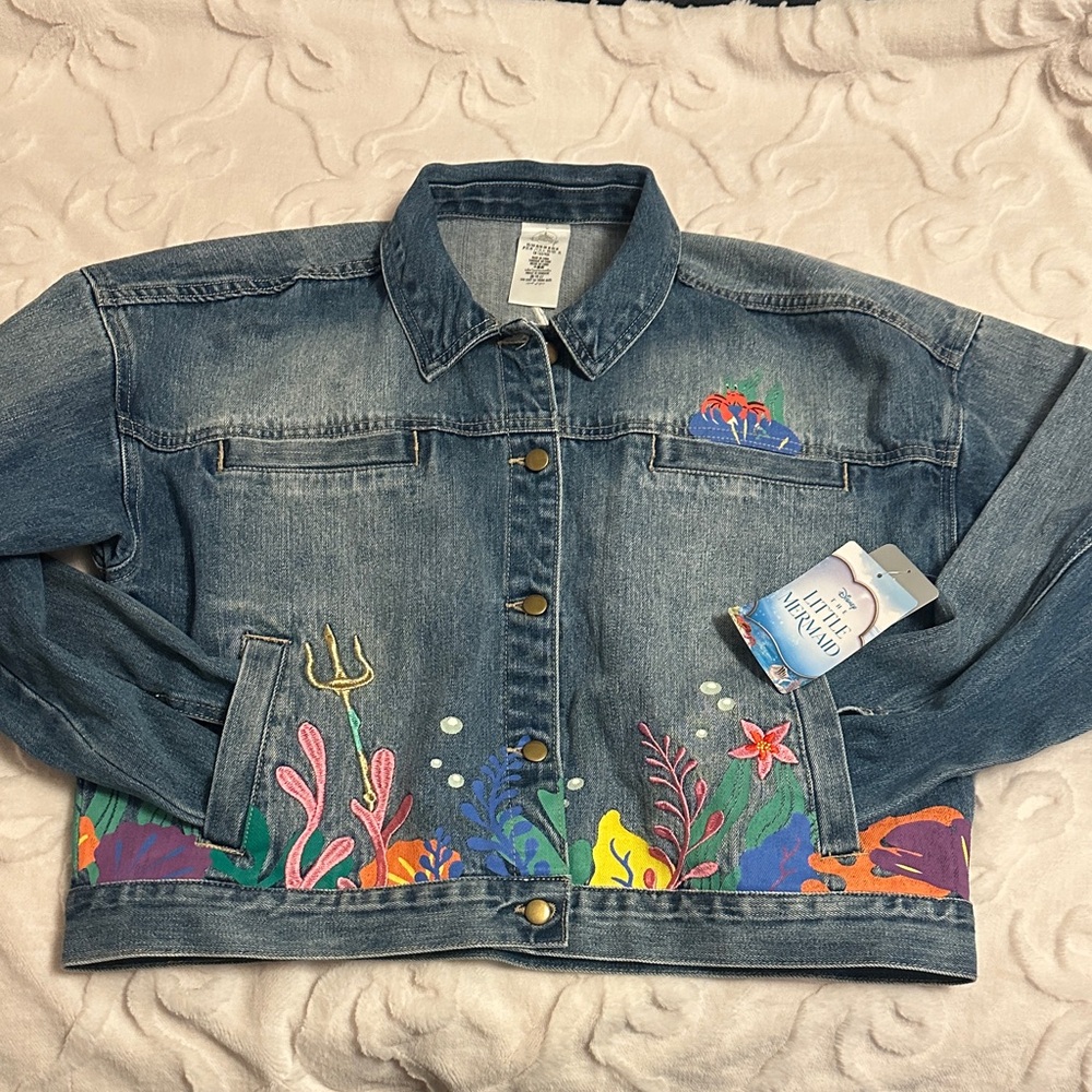 Adult medium Disney little mermaid, painted, and embroidered denim jacket